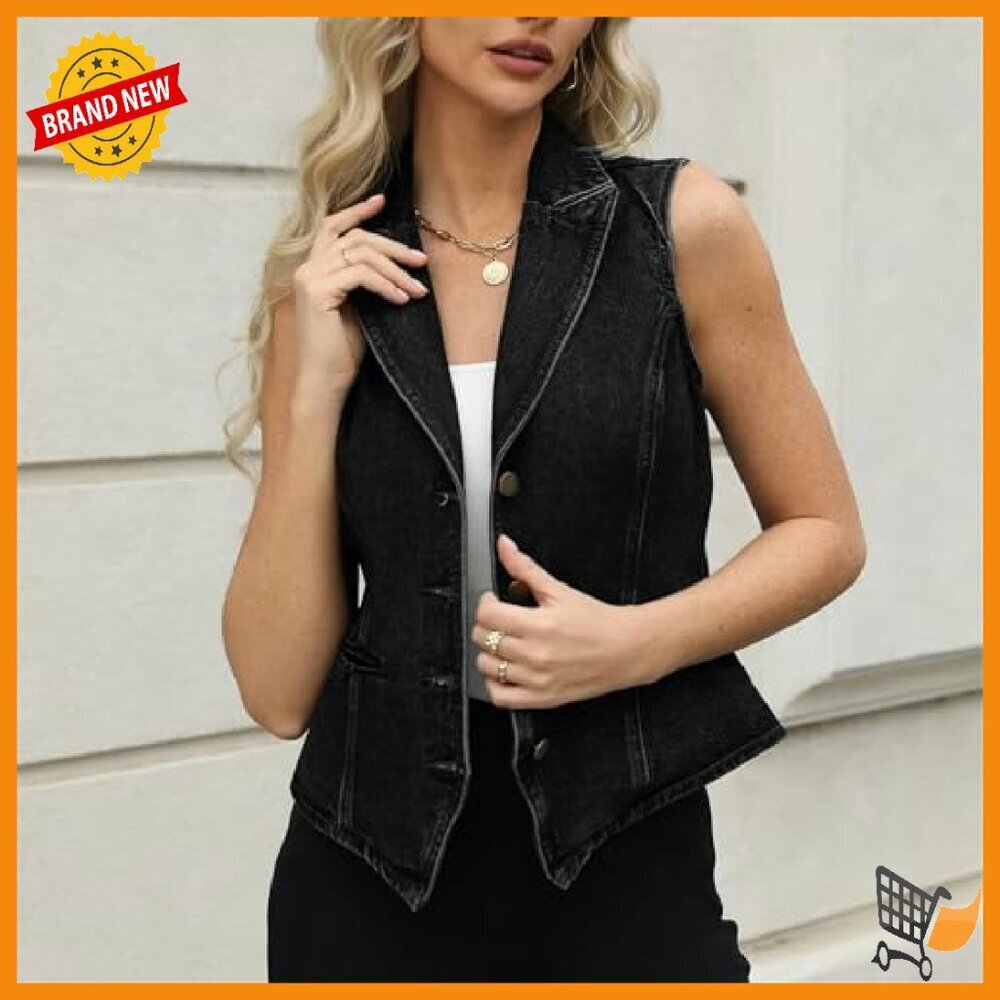 Slim Fit Denim Vest Lapel Sleeveless Button Down Work Casual - Picture 4 of 5